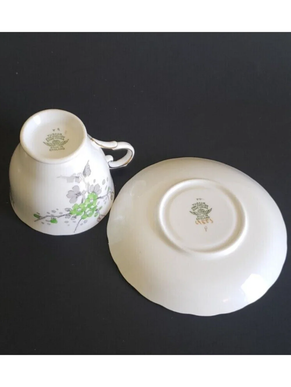 Vintage Tuscan Fine English Bone China Green Blossoms Gold Trim Tea Cup, Saucer